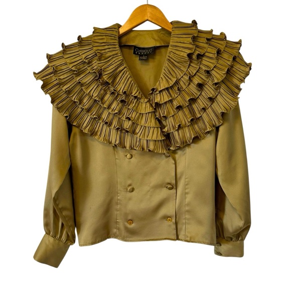 Vintage 90s Y2K Statement Collar Blouse Ruffle Shawl Top Sage Green Womens 4 - Picture 1 of 9